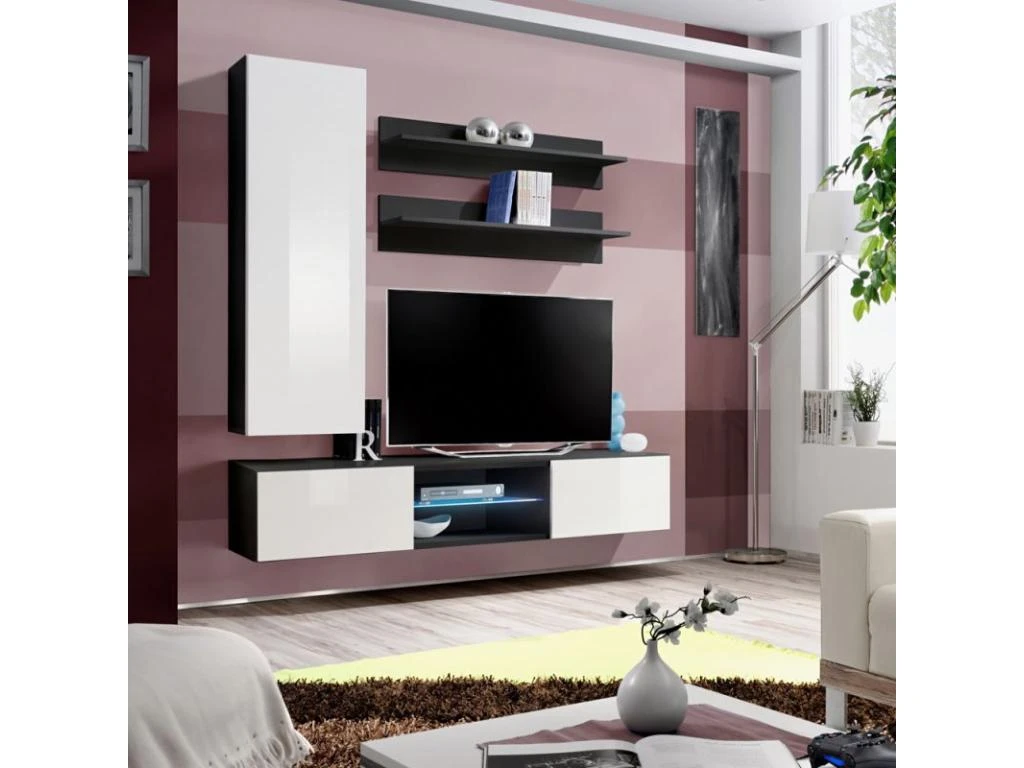 Meuble TV Mural Design "Fly XVIII" 170cm Blanc & Noir 4 Meuble TV Mural Design "Fly XVIII" 170cm Blanc & Noir – Image 2