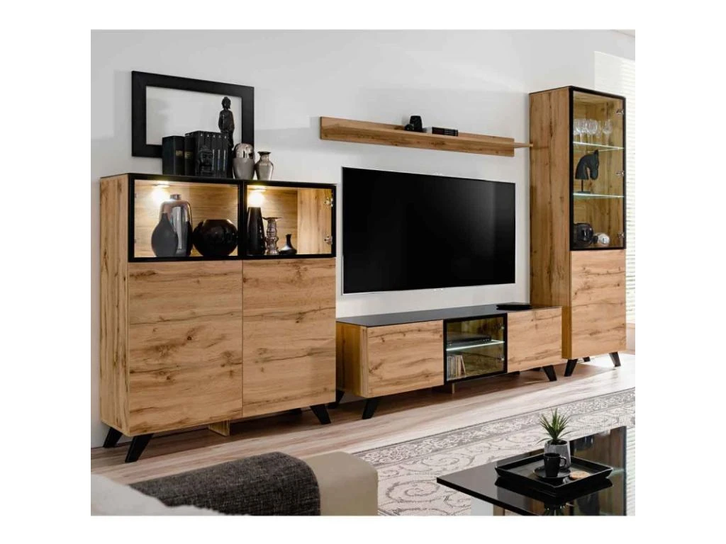 Ensemble Meuble TV & Bibliothèque "Thin" 340cm Noir & Naturel 3 Ensemble Meuble TV & Bibliothèque "Thin" 340cm Noir & Naturel