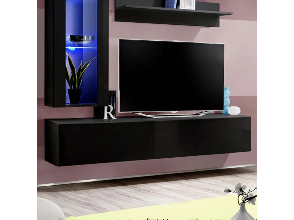 Meuble TV Mural Design "Fly II" 190cm Noir 5 Meuble TV Mural Design "Fly II" 190cm Noir – Image 3