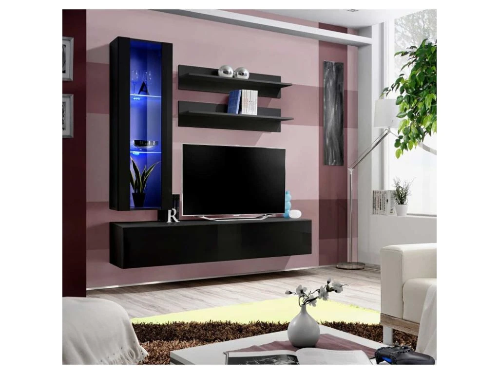 Meuble TV Mural Design "Fly II" 190cm Noir 6 Meuble TV Mural Design "Fly II" 190cm Noir – Image 4
