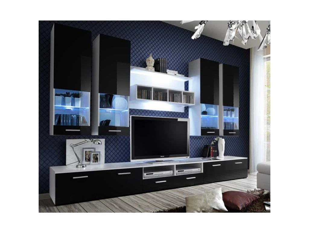 Meuble TV Mural Design "Dorade" 300cm Noir & Blanc 3 Meuble TV Mural Design "Dorade" 300cm Noir & Blanc