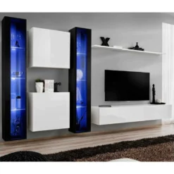 Meuble TV Mural Design "Switch XVI" 330cm Blanc & Noir