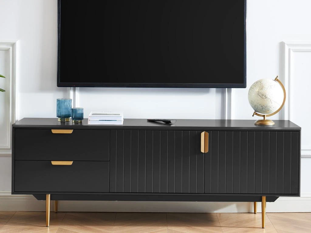 Meuble TV - 2 Portes Et 2 Tiroirs - MDF Et Métal - Noir Et Doré - LIKANA 4 Meuble TV - 2 Portes Et 2 Tiroirs - MDF Et Métal - Noir Et Doré - LIKANA – Image 2