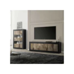 Meuble TV 2 Portes 2 Tiroirs Noir Mat/Bois Fumé - MATERA 9 Meuble TV 2 Portes 2 Tiroirs Noir Mat/Bois Fumé - MATERA -Pas Cher Mobiliora Magasin meuble tv 19815627