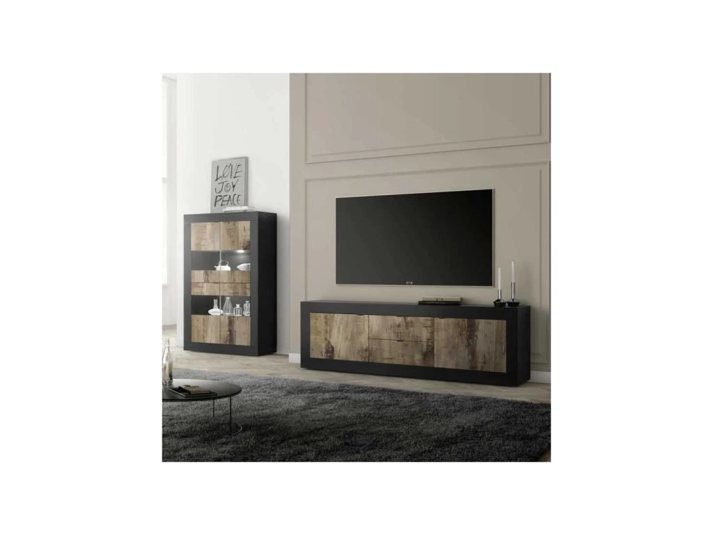 Meuble TV 2 Portes 2 Tiroirs Noir Mat/Bois Fumé - MATERA 5 Meuble TV 2 Portes 2 Tiroirs Noir Mat/Bois Fumé - MATERA – Image 3