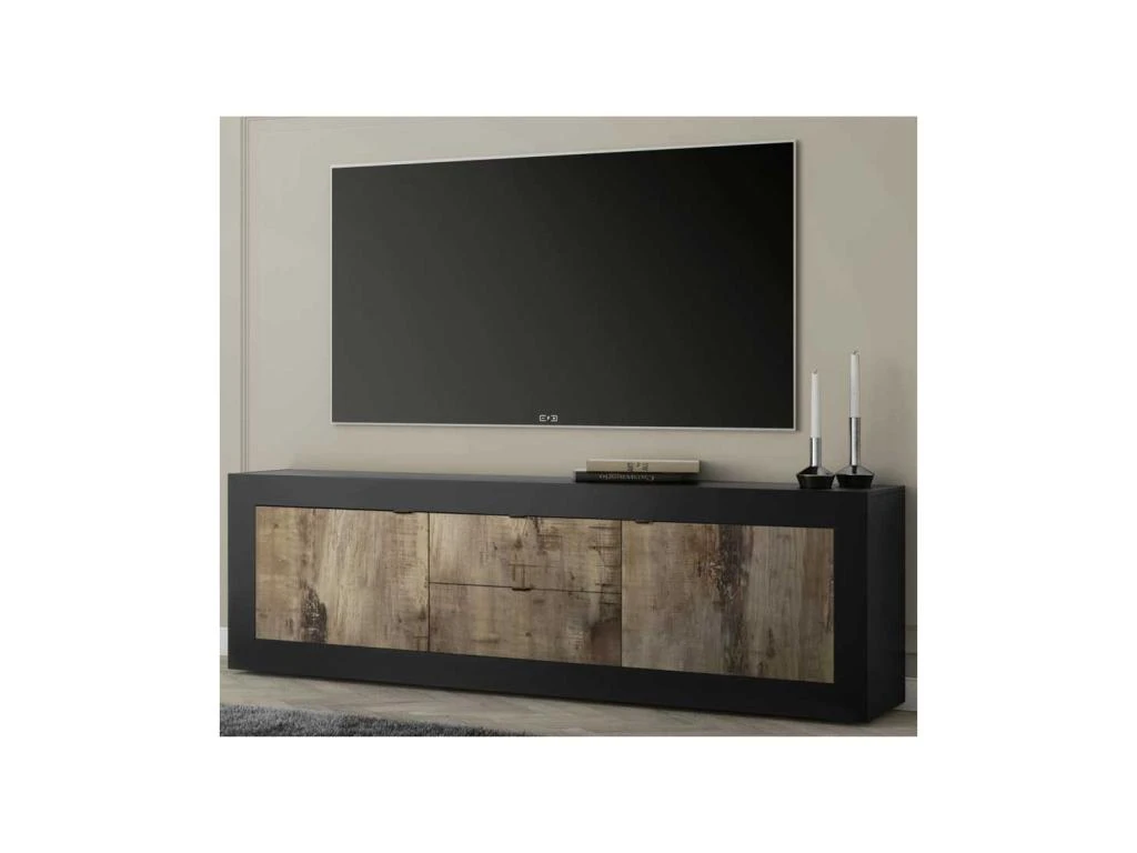 Meuble TV 2 Portes 2 Tiroirs Noir Mat/Bois Fumé - MATERA 7 Meuble TV 2 Portes 2 Tiroirs Noir Mat/Bois Fumé - MATERA – Image 5