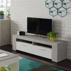 Meuble TV 2 Portes 2 Niches Blanc/Béton Ciré Clair - RUINUI - L 120 X L 42 X H 40 Cm