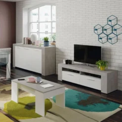 Meuble TV 2 Portes 2 Niches Blanc/Béton Ciré Clair - RUINUI - L 120 X L 42 X H 40 Cm -Pas Cher Mobiliora Magasin meuble tv 19823947