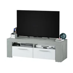 Meuble TV 2 Portes 2 Niches Blanc/Béton Ciré Clair - RUINUI - L 120 X L 42 X H 40 Cm -Pas Cher Mobiliora Magasin meuble tv 19823949