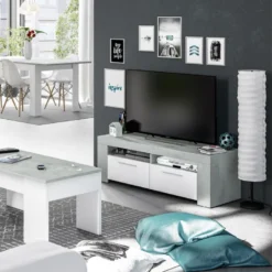 Meuble TV 2 Portes 2 Niches Blanc/Béton Ciré Clair - RUINUI - L 120 X L 42 X H 40 Cm -Pas Cher Mobiliora Magasin meuble tv 19823951