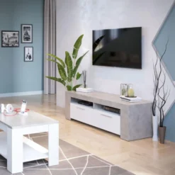 Meuble TV 2 Portes 2 Niches Blanc/Béton Ciré Clair - RUINUI - L 120 X L 42 X H 40 Cm -Pas Cher Mobiliora Magasin meuble tv 19823953