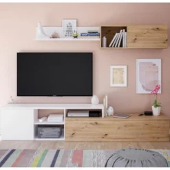 Meuble TV Et étagère Blanc/Chêne - TOZA -Pas Cher Mobiliora Magasin meuble tv 19824163