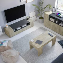 Meuble TV 4 Portes 2 Niches Chêne/Anthracite - ZAJE - L 138 X L 42 X H 36 Cm -Pas Cher Mobiliora Magasin meuble tv 19824189