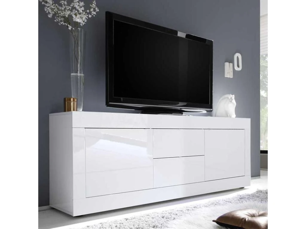 Meuble TV Moderne 2 Portes En Bois Blanc Laqué Brillant - MILAN - L 210 X L 43 X H 66 Cm 3 Meuble TV Moderne 2 Portes En Bois Blanc Laqué Brillant - MILAN - L 210 X L 43 X H 66 Cm