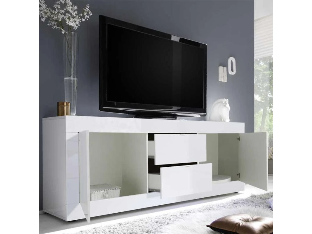 Meuble TV Moderne 2 Portes En Bois Blanc Laqué Brillant - MILAN - L 210 X L 43 X H 66 Cm 4 Meuble TV Moderne 2 Portes En Bois Blanc Laqué Brillant - MILAN - L 210 X L 43 X H 66 Cm – Image 2