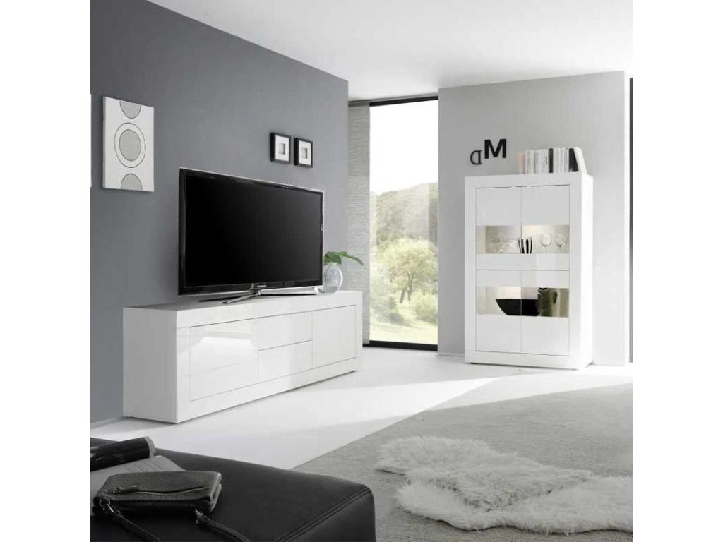 Meuble TV Moderne 2 Portes En Bois Blanc Laqué Brillant - MILAN - L 210 X L 43 X H 66 Cm 6 Meuble TV Moderne 2 Portes En Bois Blanc Laqué Brillant - MILAN - L 210 X L 43 X H 66 Cm – Image 4