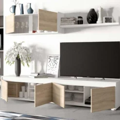 Composition TV 200 Cm Blanc Et Chêne - TIKO -Pas Cher Mobiliora Magasin meuble tv 19824443