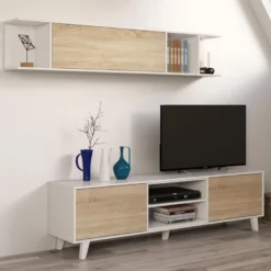 Composition TV Blanc Brillant/Chêne Clair - STOCKTON -Pas Cher Mobiliora Magasin meuble tv 19824475