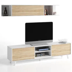 Composition TV Blanc Brillant/Chêne Clair - STOCKTON -Pas Cher Mobiliora Magasin meuble tv 19824477