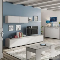 Composition TV Blanc/Béton Ciré Clair - RUINUI -Pas Cher Mobiliora Magasin meuble tv 19824551