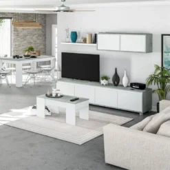 Composition TV Blanc/Béton Ciré Clair - RUINUI -Pas Cher Mobiliora Magasin meuble tv 19824553