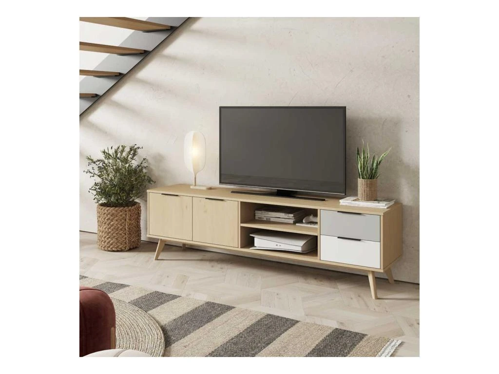 Meuble TV 2 Portes 2 Niches 2 Tiroirs Bois/Blanc/Gris - FAEL 3 Meuble TV 2 Portes 2 Niches 2 Tiroirs Bois/Blanc/Gris - FAEL