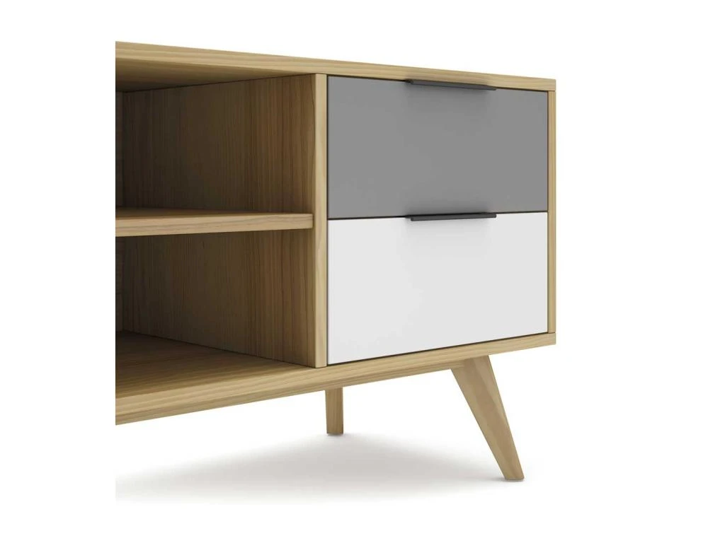 Meuble TV 2 Portes 2 Niches 2 Tiroirs Bois/Blanc/Gris - FAEL 7 Meuble TV 2 Portes 2 Niches 2 Tiroirs Bois/Blanc/Gris - FAEL – Image 5