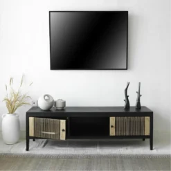 Slavia , Meuble TV Rectangulaire, Deux Portes, En Panneaux , Bois De Mindi Et Loom , Noir Et Naturel