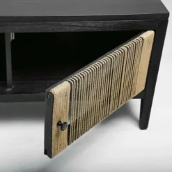 Slavia , Meuble TV Rectangulaire, Deux Portes, En Panneaux , Bois De Mindi Et Loom , Noir Et Naturel -Pas Cher Mobiliora Magasin meuble tv 19909757