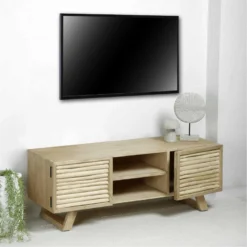 Kalaotek , Meuble TV Rectangulaire, Deux Portes, Une étagére En Bois De Teck Et Mindi , Naturel