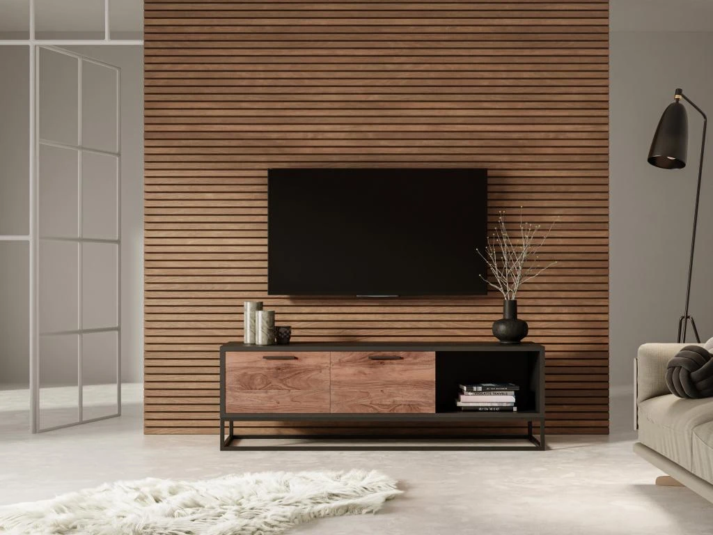 Meuble TV Avec 2 Tiroirs Et 1 Niche En Bois D'acacia Et Métal - Naturel Foncé Et Noir - ALYONA 3 Meuble TV Avec 2 Tiroirs Et 1 Niche En Bois D'acacia Et Métal - Naturel Foncé Et Noir - ALYONA