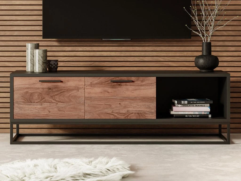 Meuble TV Avec 2 Tiroirs Et 1 Niche En Bois D'acacia Et Métal - Naturel Foncé Et Noir - ALYONA 4 Meuble TV Avec 2 Tiroirs Et 1 Niche En Bois D'acacia Et Métal - Naturel Foncé Et Noir - ALYONA – Image 2