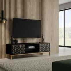 Meuble TV Avec 2 Portes Et 1 étagère En Bois De Manguier Et Métal - Noir Et Doré - ANALIMY