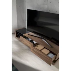 Meuble TV Bois 2 Tiroirs Et 2 Espaces Ouverts De Rangement Insert Acier Poli Pieds Bois 7 Meuble TV Bois 2 Tiroirs Et 2 Espaces Ouverts De Rangement Insert Acier Poli Pieds Bois -Pas Cher Mobiliora Magasin meuble tv 20122493