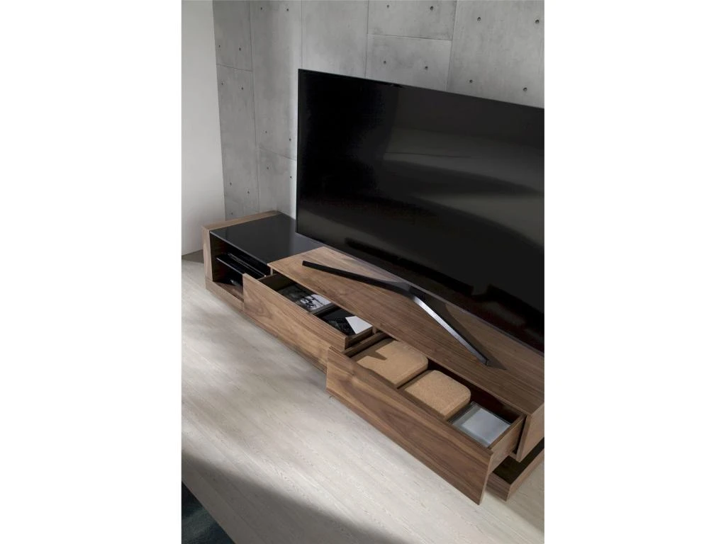 Meuble TV Bois 2 Tiroirs Et 2 Espaces Ouverts De Rangement Insert Acier Poli Pieds Bois 4 Meuble TV Bois 2 Tiroirs Et 2 Espaces Ouverts De Rangement Insert Acier Poli Pieds Bois – Image 2