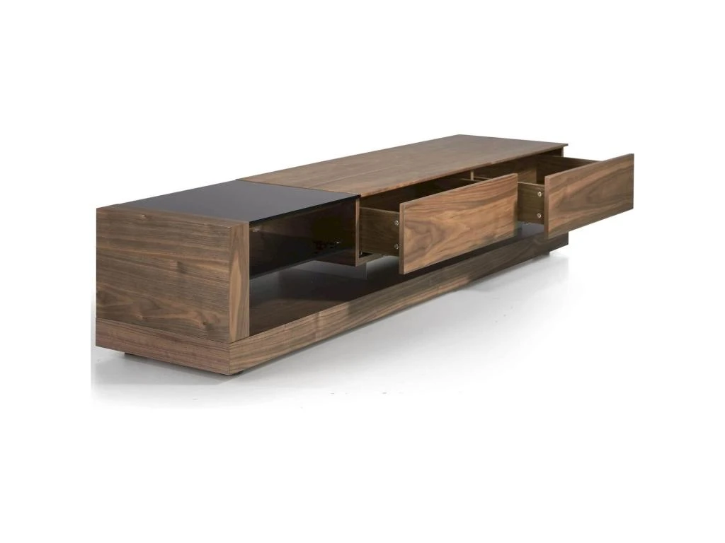 Meuble TV Bois 2 Tiroirs Et 2 Espaces Ouverts De Rangement Insert Acier Poli Pieds Bois 6 Meuble TV Bois 2 Tiroirs Et 2 Espaces Ouverts De Rangement Insert Acier Poli Pieds Bois – Image 4