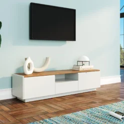 Meuble TV AMANI - 2 Portes & 1 Tiroir - MDF - Coloris: Blanc Laqué Et Chêne -Pas Cher Mobiliora Magasin meuble tv 20666589