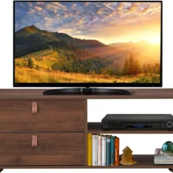 Meuble Tv En Bois Pour Téléviseur Banc Tv Avec 2 Tiroirs étagère Réglable Jusqu'à 139,7 Cm 120 X 39 X 44 Cm