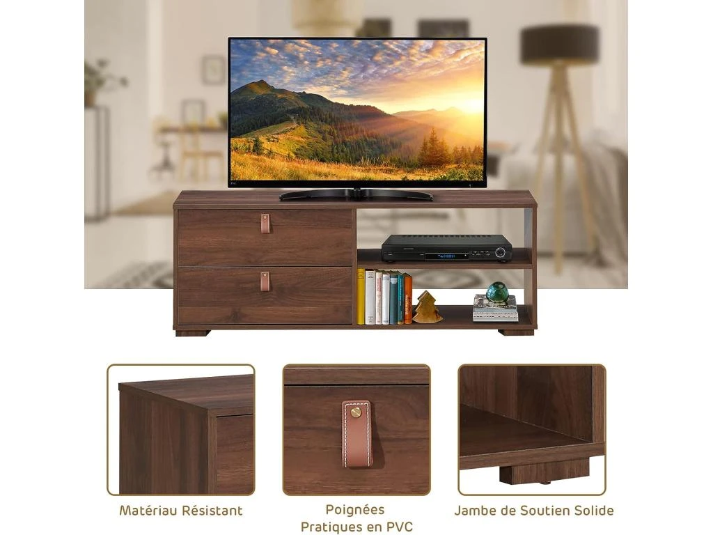 Meuble Tv En Bois Pour Téléviseur Banc Tv Avec 2 Tiroirs étagère Réglable Jusqu'à 139,7 Cm 120 X 39 X 44 Cm 4 Meuble Tv En Bois Pour Téléviseur Banc Tv Avec 2 Tiroirs étagère Réglable Jusqu'à 139,7 Cm 120 X 39 X 44 Cm – Image 2