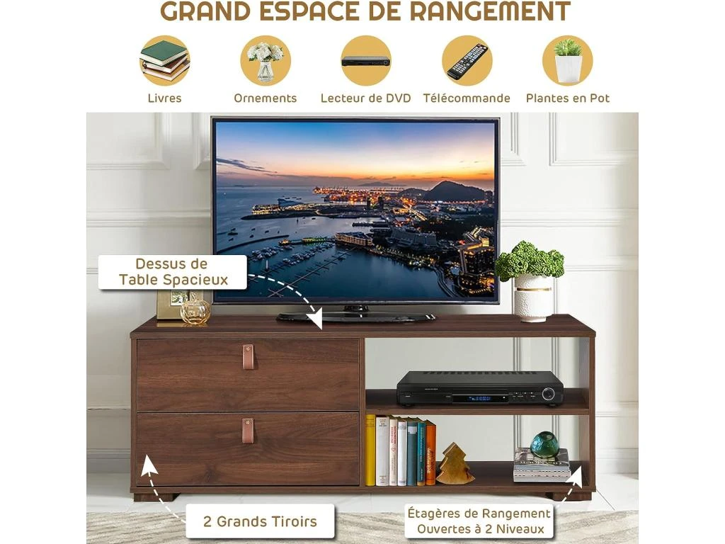 Meuble Tv En Bois Pour Téléviseur Banc Tv Avec 2 Tiroirs étagère Réglable Jusqu'à 139,7 Cm 120 X 39 X 44 Cm 5 Meuble Tv En Bois Pour Téléviseur Banc Tv Avec 2 Tiroirs étagère Réglable Jusqu'à 139,7 Cm 120 X 39 X 44 Cm – Image 3