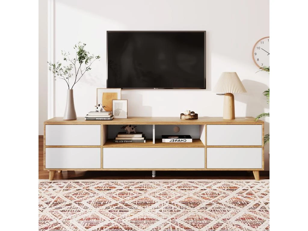 Meuble TV 175cm Avec 5 Portes Et 2 Compartiments Pour Salon - Style Campagnard - Naturel & Blanc 3 Meuble TV 175cm Avec 5 Portes Et 2 Compartiments Pour Salon - Style Campagnard - Naturel & Blanc