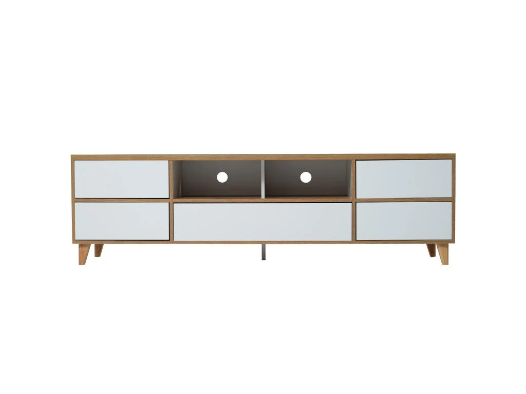 Meuble TV 175cm Avec 5 Portes Et 2 Compartiments Pour Salon - Style Campagnard - Naturel & Blanc 5 Meuble TV 175cm Avec 5 Portes Et 2 Compartiments Pour Salon - Style Campagnard - Naturel & Blanc â Image 3