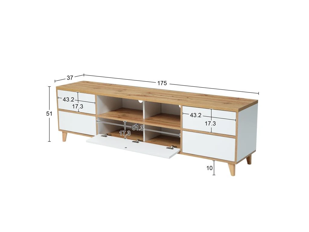 Meuble TV 175cm Avec 5 Portes Et 2 Compartiments Pour Salon - Style Campagnard - Naturel & Blanc 7 Meuble TV 175cm Avec 5 Portes Et 2 Compartiments Pour Salon - Style Campagnard - Naturel & Blanc â Image 5