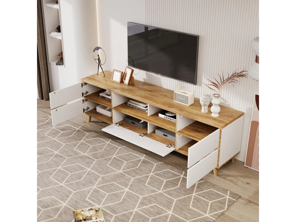 Meuble TV 175cm Avec 5 Portes Et 2 Compartiments Pour Salon - Style Campagnard - Naturel & Blanc 12 Meuble TV 175cm Avec 5 Portes Et 2 Compartiments Pour Salon - Style Campagnard - Naturel & Blanc â Image 10