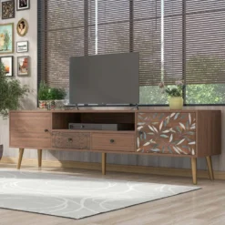 Meuble TV 180cm Avec 2 Compartiments Et 2 Tiroirs En Bois - Style Campagnard - Marron