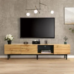 Meuble TV 175cm Industriel Avec LED - 3 Portes + 2 étagères - Naturel