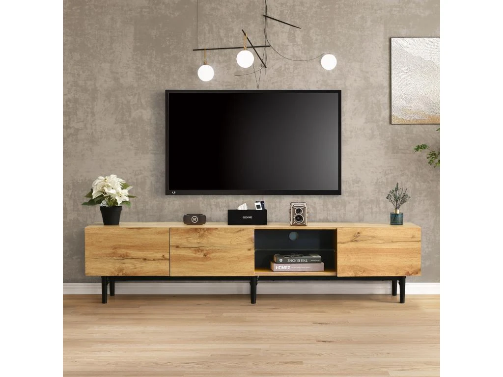 Meuble TV 175cm Industriel Avec LED - 3 Portes + 2 étagères - Naturel 3 Meuble TV 175cm Industriel Avec LED - 3 Portes + 2 étagères - Naturel