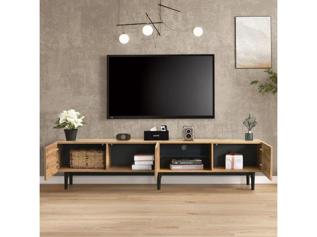 Meuble TV 175cm Industriel Avec LED - 3 Portes + 2 étagères - Naturel 4 Meuble TV 175cm Industriel Avec LED - 3 Portes + 2 étagères - Naturel – Image 2