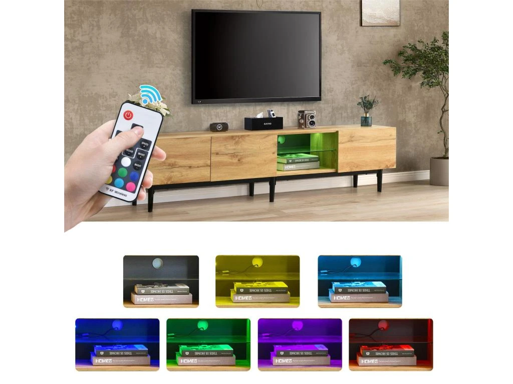 Meuble TV 175cm Industriel Avec LED - 3 Portes + 2 étagères - Naturel 8 Meuble TV 175cm Industriel Avec LED - 3 Portes + 2 étagères - Naturel – Image 6