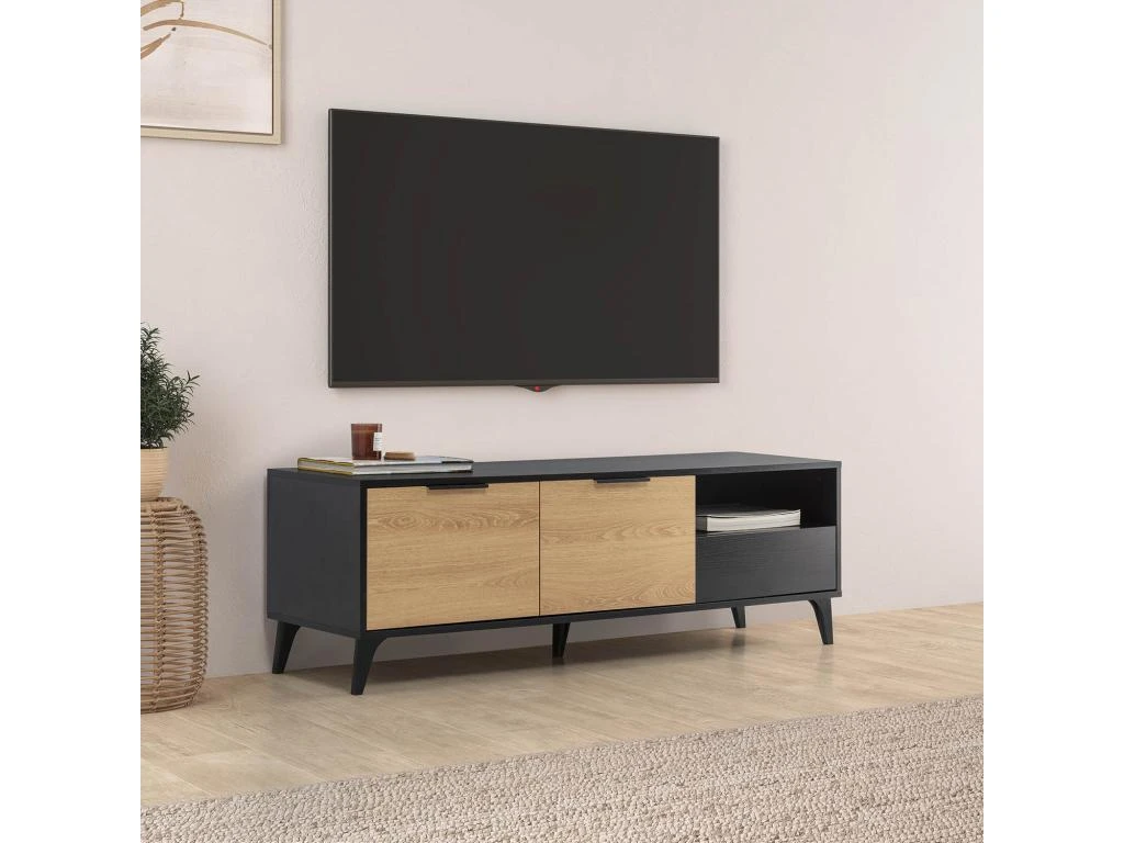 Meuble TV Kalma 2 Portes 1 Tiroir Noir/chêne, Longueur 136 Cm 4 Meuble TV Kalma 2 Portes 1 Tiroir Noir/chêne, Longueur 136 Cm – Image 2